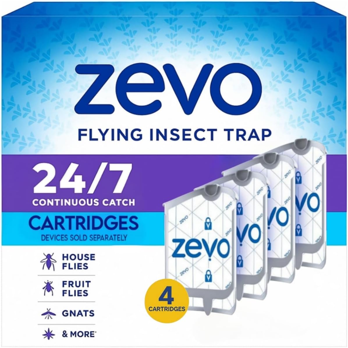 Zevo Flying Insect Trap Refill Cartridges - Fits Both Zevo Trap & MAX Indoor Fly Trap - Catch Gnats, House & Fruit Flies (4 Refill Cartridges)