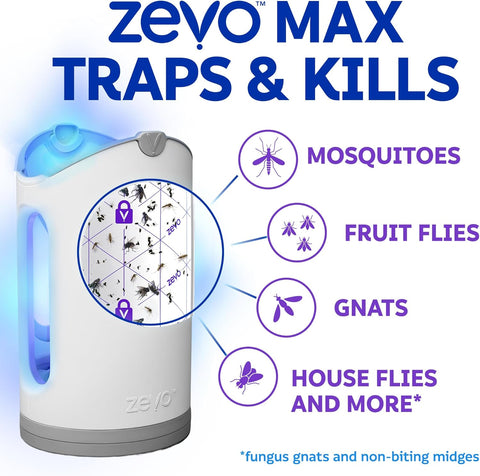 Zevo MAX Bug Catcher & Fly Trap for Indoors - Flying Insect Trap for Gnats, House & Fruit Flies - Use in Any Room - No-Mess Disposal (1 Plug in Base & 6 Cartridges)