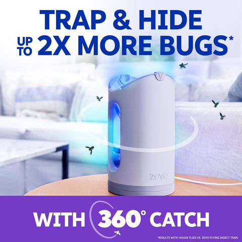 Zevo MAX Bug Catcher & Fly Trap for Indoors - Flying Insect Trap for Gnats, House & Fruit Flies - Use in Any Room - No-Mess Disposal (1 Plug in Base & 6 Cartridges)