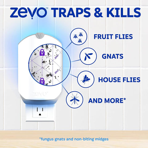 Zevo Flying Insect Trap & Cartridge - Plug in Fly Trap & Indoor Bug Catcher for Gnats, House & Fruit Flies - Mess-Free - Use in Any Room - Uses Blue & UV Light (1 Plug in Device & 1 Cartridge)