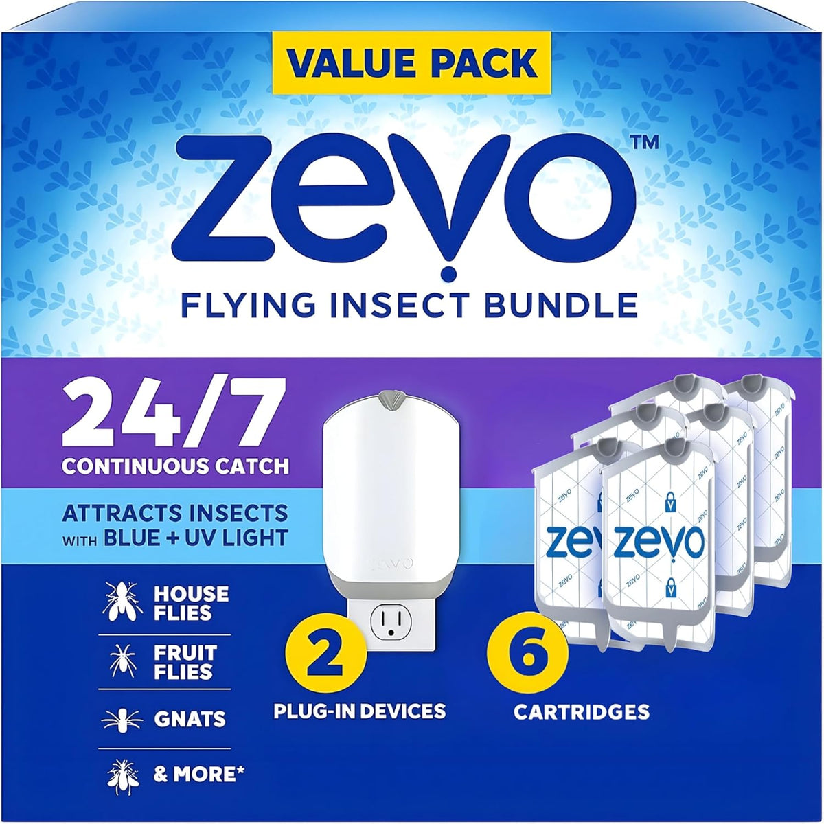 Zevo Flying Insect Trap & Refills Starter Bundle, 2 Insect Trap Devices and 6 Refill Cartridges, Mess-Free Indoor Bug Control System